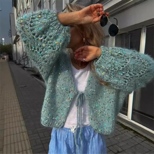 Women's Long Sleeve Cardigan Sweaters Open Front Sweaters Bow Tie Front Cardigan V Neck Fall Tops Glitter Sweater4