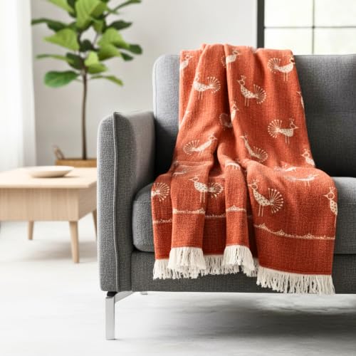 Image of Rajasthani Mandana Throw Blanket - Sacred Geometry Crow & Poppy Print, Hand-Block Cotton Bedspread /Sofa Cover - 50x60 inch, Bohemian Indian Wall Tapestry