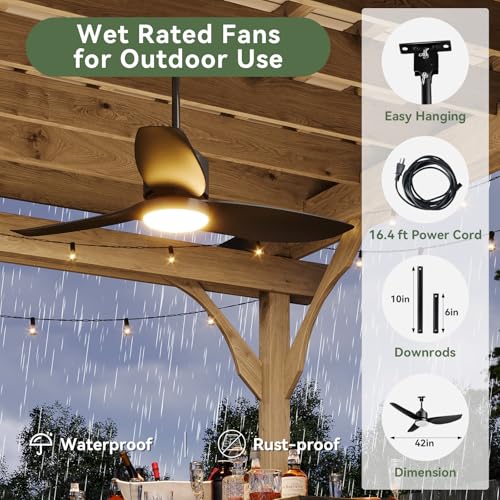 Image of Aoxun 42'' Outdoor Ceiling Fan with Light, IP65 Waterproof Hanging Fan with Remote Control and Smart App, 3CCT 6-Speed Settings for Balcony, Porch, and Gazebo (Black)