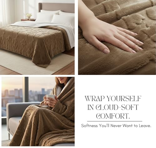 Image of VAS COLLECTIONS Faux Fur Jacquard Tufted Sherpa Blanket | 600 GSM Heavyweight Ultra-Soft & Super Warm Double Bed Blanket | 225 x 220 cm | 5D Embossed Floral Design | Heavy Winter Use - 3 kg, Brown