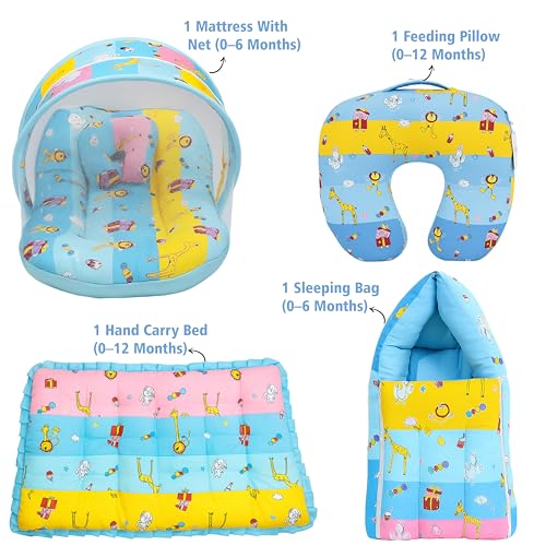 Image of Infantbond by fareto Baby Bedding Set Essentials Combo | Baby Bed | Carry Bag | Sleeping Bag | Hand Carry Bed | Feeding Pillow (0-6 Months)(All in 1)(Blue Giffi)