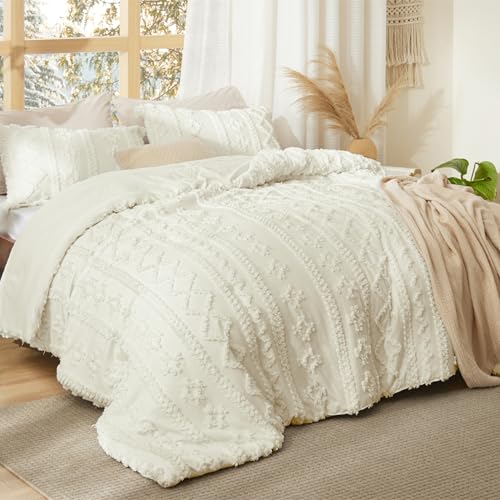 Bedsure Tufted Boho Comforter Set Full Size - Ivory Boho Bed Set, GentleSoft™ 3 Pieces Farmhouse Shabby Chic Embroidery Bedding, Gifts for Woman, Soft Jacquard Full Comforter for All Seasons