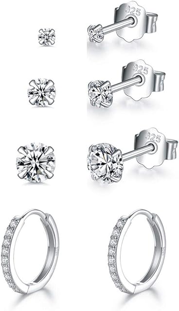 925 Sterling Silver Stud Earrings Set | White Gold Plated Hypoallergenic Stud Earrings | Cubic Zirconia Stud Earrings for Women Men Girls (4 Pairs)