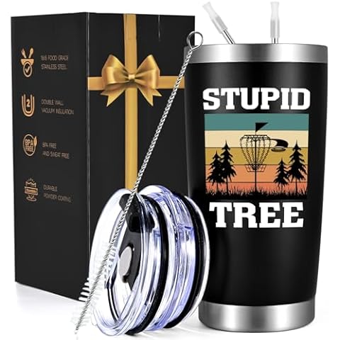 Gtmileo Funny Disc Golf Player Gifts for Men Dad Mom Grandpa Grandma from Child Wife, Stupid Tree Birthday Christmas Gifts for Disc Golf Player, 20 Oz Stainless Steel Insulated Tumbler with Lid, Balck Cover