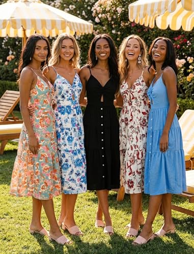 Image of Angashion Women's Dresses-Summer Floral Bohemian Spaghetti Strap Button Down Swing Midi Dress
