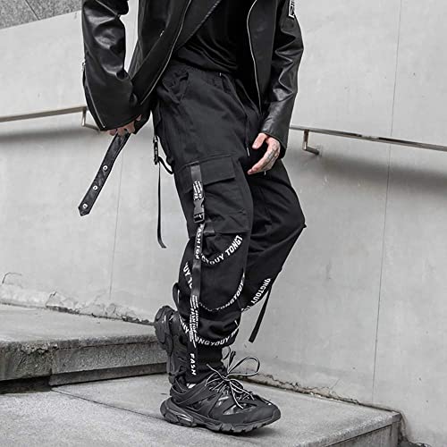 DUDHUH Calça cargo masculina Techwear Hip Hop Harem Streetwear Fashion Tactical Track Jogger, Preto
