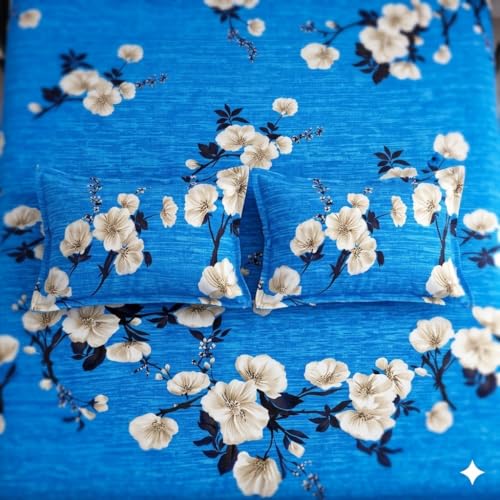 Image of Cotton Bolls Textiles Glace Cotton Flat Bedsheet 90x90 Inch with 2 Pillow Covers - Soft Breathable Glace Cotton, Printed Bedding Set for Double Bed