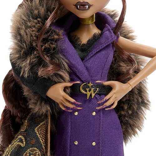Image of Monster High Doll, Clawdeen Wolf House of Wolf Collectible with Faux Fur Jacquard Coat, Purple Blazer Dress, Pantaboots and Golden Accessories