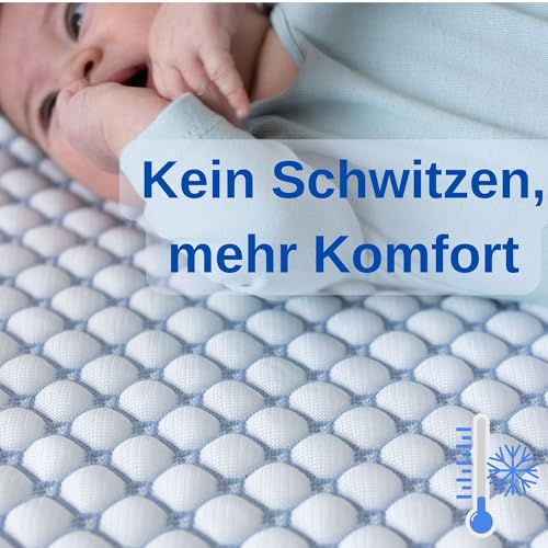Baby Matratzenauflage 70x140 cm – Oeko-TEX Zertifiziert, atmungsaktiv & weich – 3D-Strick mit Gummizug mit 4 Eckgummis, Weiss/Grau