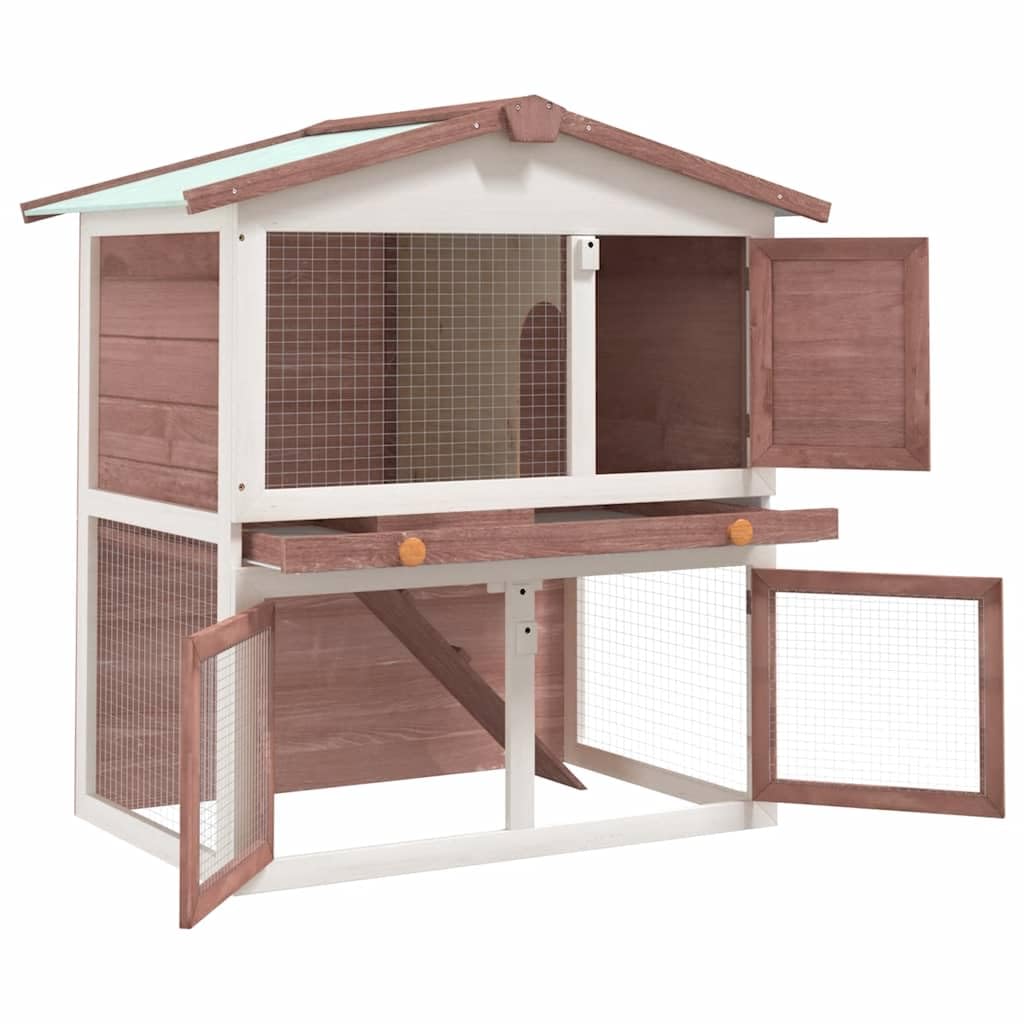 Conejera de madera marrón con 3 puertas, 2 niveles y rampa, jaula para animales pequeños con rejilla de alambre, techo impermeable, cajón para exterior, jardín, balcón, apartamento y refugio
