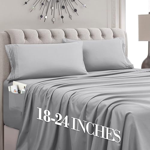Mocassi Twin XL Size 4-Piece Bed Sheet Set - 1800 Premium Hotel Quality Microfiber 18-24 Inches Extra Deep Pocket Fitted Sheet- Luxury Soft, Breathable, Wrinkle, and Fade Resistant, Silver