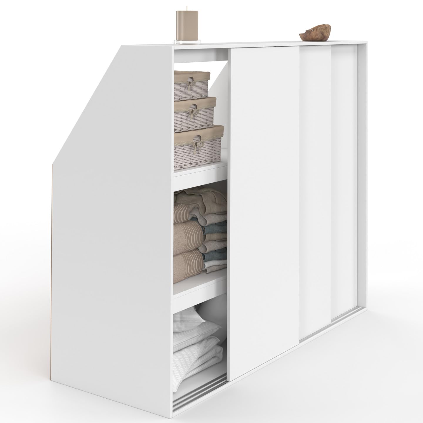 IDMarket – Armario bajo pendiente 3 puertas correderas 3 niveles TOMI 130 x 50 x 70/​110 cm, color blanco