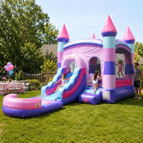 Pogo Bounce House Inflatable Jump Castle Water Slide & Pool, Pink