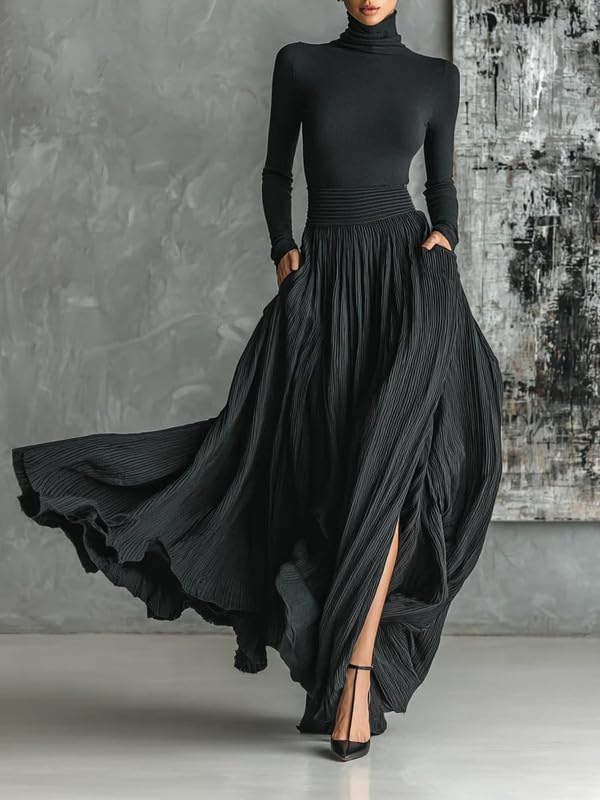 Women's Long Sleeve High Neck Maxi Dress – Formal Flowy Side Split Pocket Dress for Women, Elegant Evening Wear - Image 2