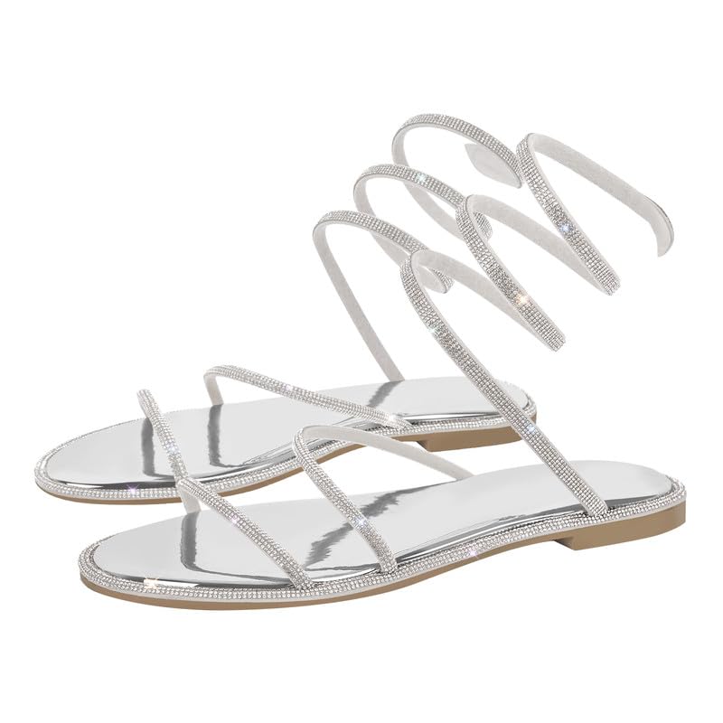 MissHeel Damen Flach Sandalen Runde Zehenkappe mit Schnürung und Strasssteinen