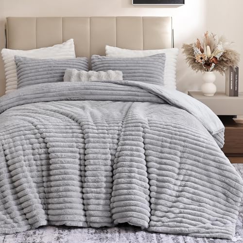 weigelia Fluffy Grey Comforter Full Size Ultra Soft Plush Fleece Grey Comforter Set Full Size Luxury Fuzzy Bedding Comforter with 2 Pillowcases Cozy Heavy Faux Fur Comforter Sets for All Season