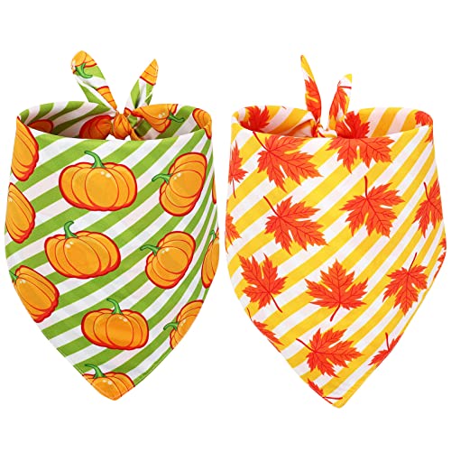 Whaline Fall Dog Bandana 2Pcs Autumn Dog Triangle Scarf Thanksgiving Pumpkin Maple Leaves Pattern Dog Bibs Double-Sided Stripes Pet Neckerchief for Small Medium Large Pet Cat Dog Pet Accessories