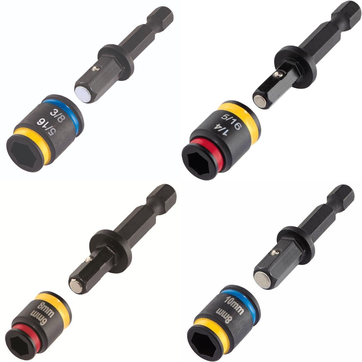 MalcoC-RHEX 1/4",5/16",3/8", 6mm, 8mm, 10mm Magnetic Hex Driver 2" Length, 4 Piece Set, Cleanable, Reversible SAE and Metric Flip Sockets, Impact Hex Chuck Driver (MALCOMBO1)