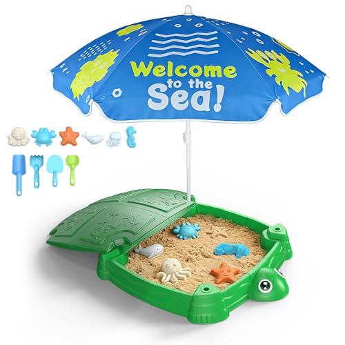 Image of Turtle Sandbox with Lid and Umbrella, Large Square Sand Box for Kids | square shape saves space, adjustable umbrella, 6 sea molds & 4 shovels, rounded safe edges, PP material, washable, ages 3+