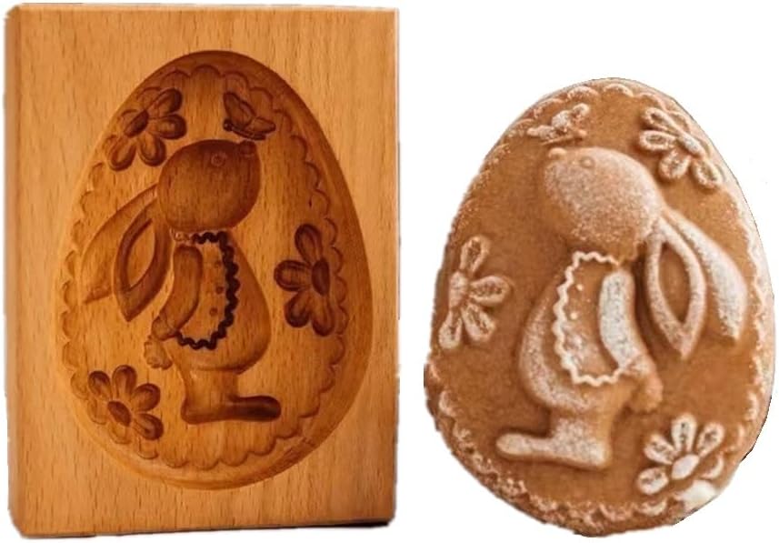 Wooden Cookie Mold, Easter Egg Rabbit Shape, Cake Fondant Press Stamp, Mooncake Embosser Cutter (Resurrection egg rabbit)