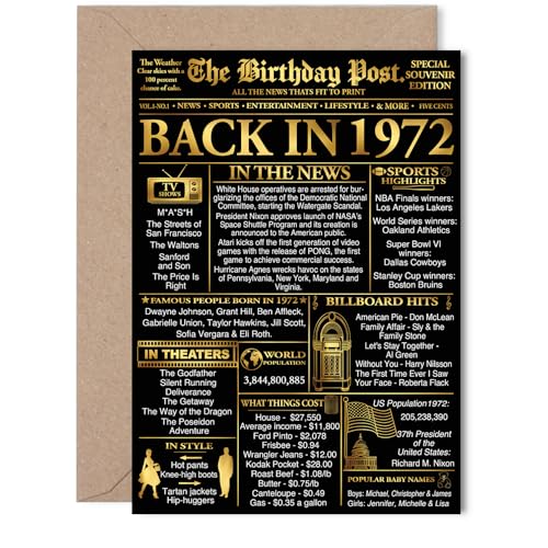 Stuff4 Gold 54th Birthday Card for Men Women - Black & Golden Newspaper Back in 1972 - Happy 54 Birthday Cards for Cousin Brother Aunt Mom Husband Dad, 5x7 Inch Bday Greeting Cards