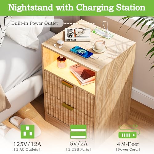 Image of Night Stand Set 2, LED Nightstand with Charging Station, Fluted Nightstands Set of 2 with 2 Drawers, Wood Side Table End & Bedside Tables for Bedroom Sofa Office, Natural Oak