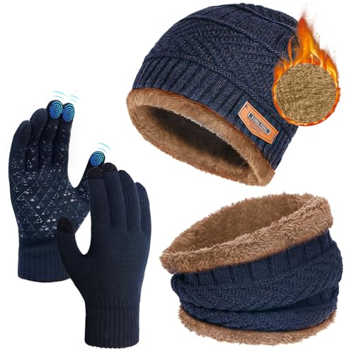 YLXQJIN Winter Mütze, Schal & Handschuh-Sets für Damen Herren - Beanie, Touchscreen Handschuhe, Warm Loop Schal Mit Fleece Gefüttert - Geschenk für Weihnachten (Blau)