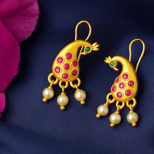 Image of VAMA FASHIONS 18K Gold Plated Anti Tarnish Half Moon Peacock Shape Traditional Maharashtrian Press on Bugadi Upper Ear Clip on Earrings For Women & Girls