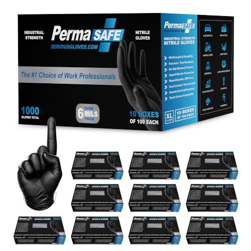 Image of PermaSafe Black Nitrile Gloves | Heavy Duty 6+ Mil Industrial Grade Protection | Powder and Latex-Free Nitrile Disposable Gloves with Raised Textured Grip | Ideal for Mechanics, Construction & More