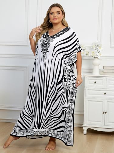Image of KECVOT Kaftan Dresses for Women V-Neck Print Swimsuit Cover Up Plus Size Beach Caftan Lounge Dress