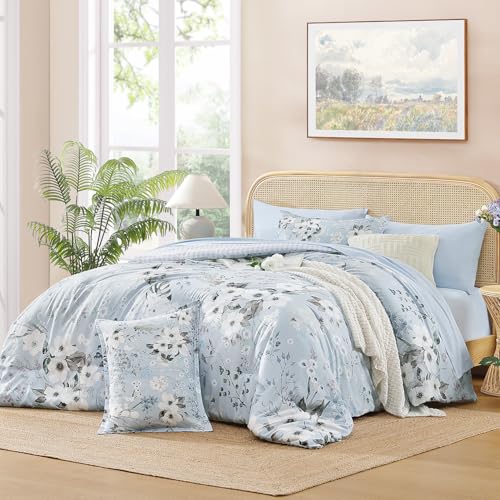 Image of Andency Queen Size 7 Piece Reversible Bed in a Bag - Botanical Floral & Gingham Comforter Set, Farmhouse Vintage Rustic Comforter,Light Blue