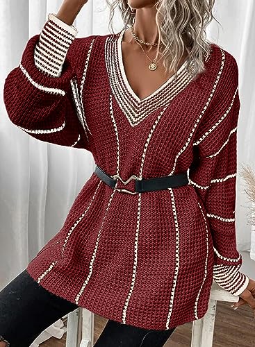 Image of Dokotoo Womens Oversized Striped Tunic Sweaters Casual V Neck Long Sleeve Color Block Knit Pullover Jumper Tops