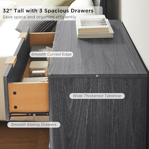 Image of T4TREAM Fluted 3 Drawer Dresser, 32 inch Tall Modern Chest of Drawers, Curved Profile Design, Wood Drawer Organizer for Bedroom, Living Room, Hallway, Entryway, Dark Alder