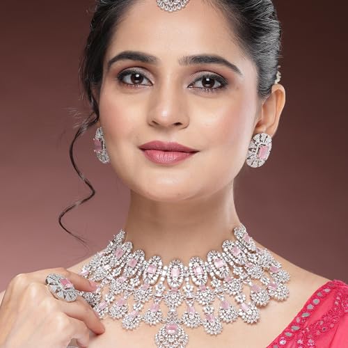 Image of ZENEME Rhodium-Plated American Diamond Studded Tasselled Necklace With Earrings Ring & MaangTikka Jewellery Set For Girls and Women
