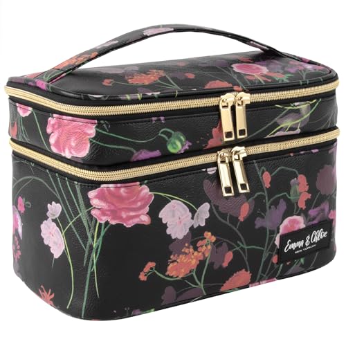 Emma & Chloe Bolsa de cosméticos com compartimento duplo, bolsa de maquiagem para viagem - comporta 6 pincéis, frascos de tamanho de viagem, produtos para cuidados com a pele, Buquê floral, Carry-On