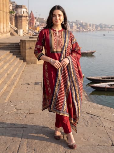 Image of INDO ERA Women's Pure Cotton Abstract Printed Mirror Work Kurta & Pant with Dupatta Set (IEAI13205)|Cotton Suits For Women With Dupatta