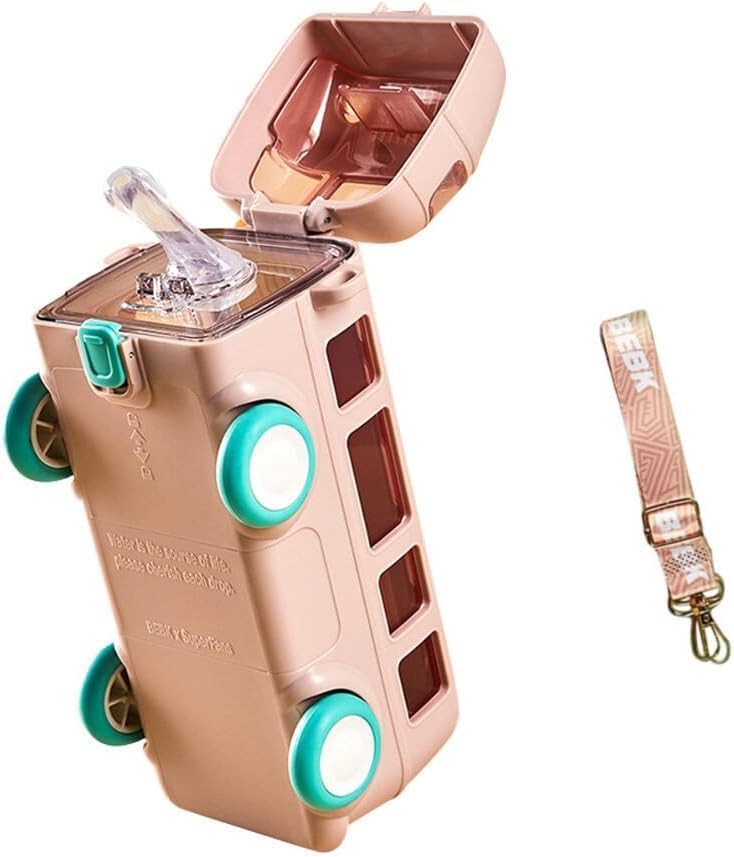 SKYWORK Kid's Cartoon Water Bottle with Adjustable Strap – Cute Double Drinking Straw Cup | Leak-Proof, Portable Tumbler – 500ml – Perfect for School | Outdoor Fun (Pink Bus Bottle)