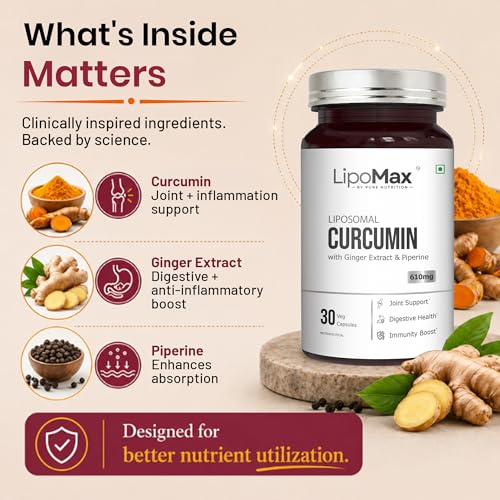 Image of LipoMax Liposomal Curcumin Supplement 610mg | Turmeric Curcumin Capsules With Ginger Extract & Piperine For Joint Health, Antioxidant & Immunity Support - 30 Veg Capsules