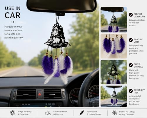 Image of Acrylic Dream Catcher Car Hanging Ornament with Purple and White Feathers - Rear View Mirror Decor for Cars, Spiritual Wall Hanging Decoration for Home, Office and Gift Use (SIVAJI-01)