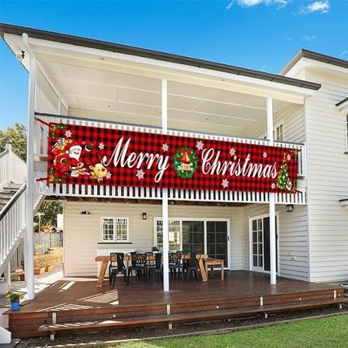 Christmas Banner Outdoor 117” x 19” Large Merry Christmas Banners Decorations for Garden Yard Fence Wall Red Plaid Fabric Xmas Banner Porch Sign with Santa Reindeer Festive Holiday Party Decor - Image 4