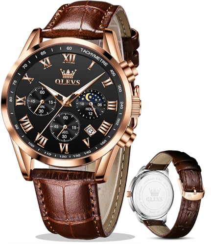 Image of OLEVS Men's Leather Analog Quartz Watch - Luxury Chronograph Wristwatch with Date, Waterproof, Luminous - Dress Style