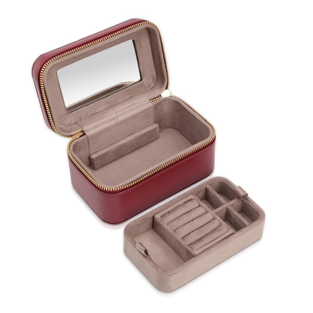 MODALO JUNIA Joyero y joyero pequeño, caja de joyería de viaje y organizador, piel sintética, elegante regalo para mujeres, organizador de anillos de cadena y pendientes (burdeos)