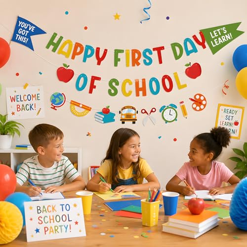 Image of Back to School Decorations - Happy First Day of School Banner Sign Decor for Indoor Outdoor | Back To School Garland Backdrop - Hanging Classroom Decor Party Favors Supplies