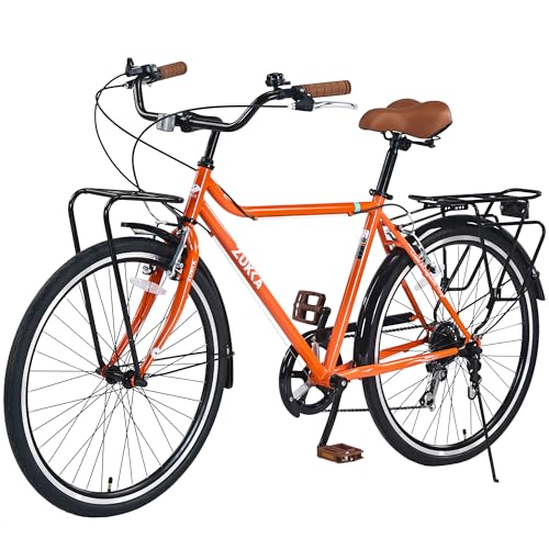MAKELEN 7 Speed Vintage Style Bike With Front and Rear Rack, Steel Frame 26x1.5 Tires, Retro Commute Touring for Women and Men Orange