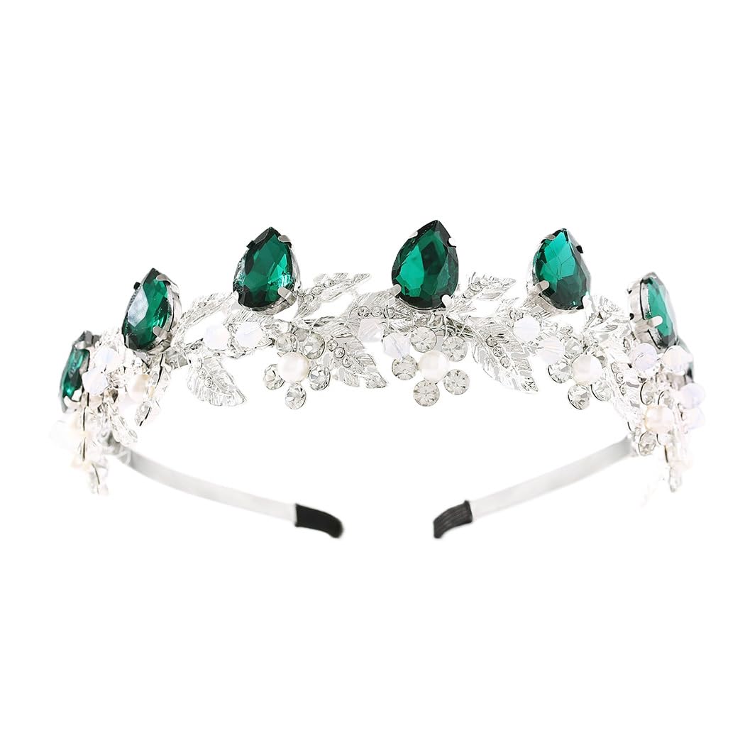 IYOU Diadema de cristal para boda con flores verdes, corona de diamantes de imitación brillantes, tiara, fiesta de graduación, accesorios para el cabello para novias y damas de honor