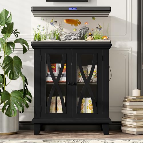 20 Gallon Fish Tank Stand with Charging Station, Heavy Duty Gallon Aquarium Stand with Storage Cabinet & Drawers, Fish Tank Table for Turtle Tanks Reptile Terrarium, 300 LBS Capacity (Black, 20)