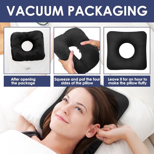 VAVPUP Piercing Kissen mit Loch,Ohrlochkissen für Seitenschläfer mit Ohrloch,O-Förmiges Design,Superfeine Baumwollfaser,Starke Stützkraft,Tragbar Donut Kissen für Zuhause,Reisen und Büro(schwarz)
