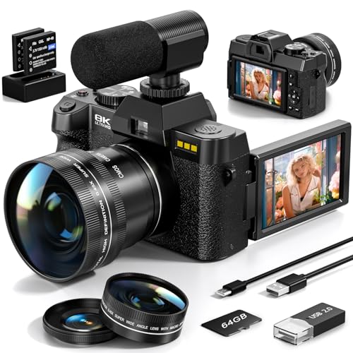 8K Digital Cameras for Photography, 64MP vlogging Camera with 180°Flip Screen，2 Batteries, 64GB...