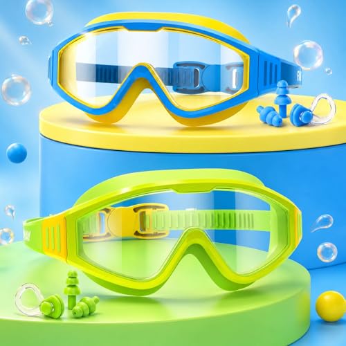 Findway Kinder Schwimmbrille 2 Pack, Schwimmbrille Kinder 4-16 Jahre, 180°Panorama Schwimmbrille mit UV-Schutz, Beschlagfrei Auslaufsicher, Schwimmbrillen mit Ohrstöpsel & Nasenclip für Jungen Mädchen