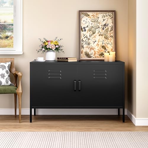 SISESOL Black Metal Storage Cabinet with Doors and Shelves,2 Door Wide Metal Locker Accent Storage Cabinet with Leg & Vent Hole,Wide TV Cabinets,Low Side Cupboard for Home,Office,Dining/Living Room